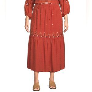 Nurture Tiered Maxi Skirt Womens Size 2X Orange Red Embroidered Boho Peasant